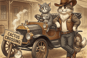 Marshall and Buck with a vintage car at Cactus Crossing