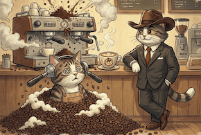 Marshall and Chip at the coffee shop counter