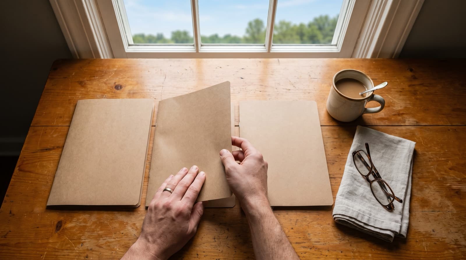 Hands comparing three coverage folders side by side at a kitchen table