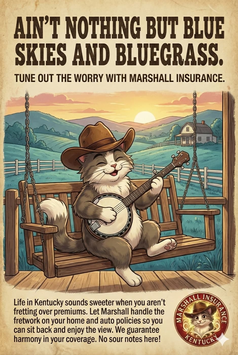 Illustrated poster of Marshall the cat playing banjo on a porch among bluegrass and Kentucky hills