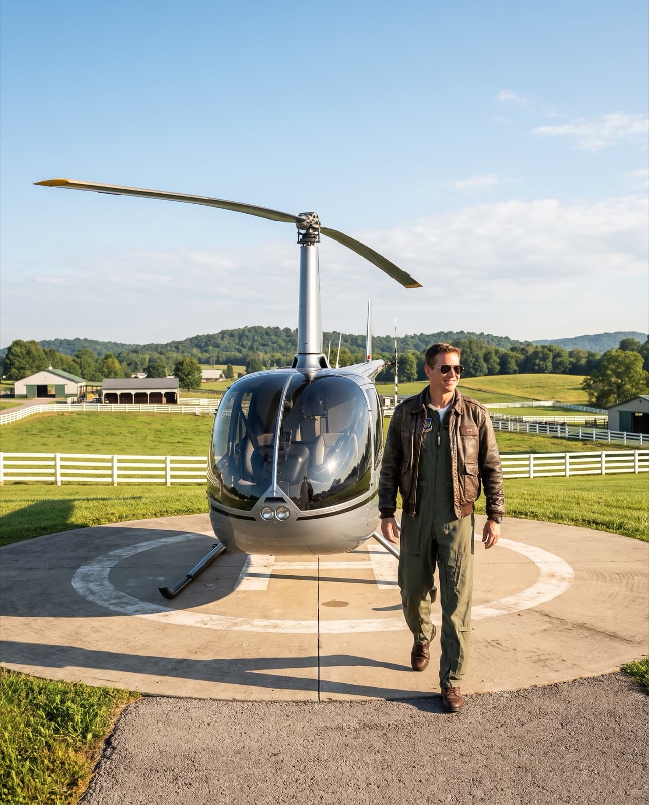A pilot doing a preflight walkaround of a light helicopter on a private helipad in Kentucky horse country