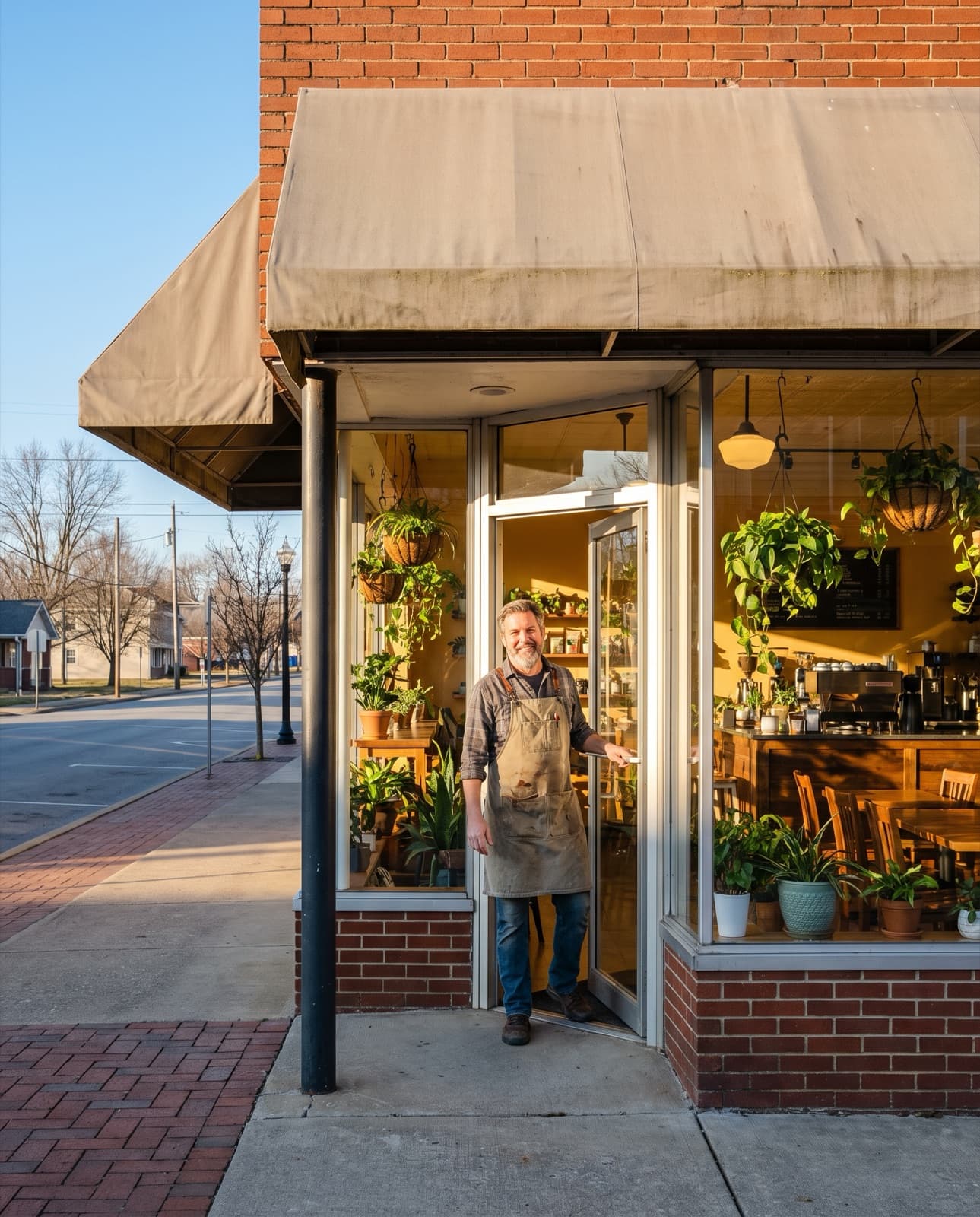 A cheerful small-business owner opening his bright plant-filled corner coffee shop in the morning