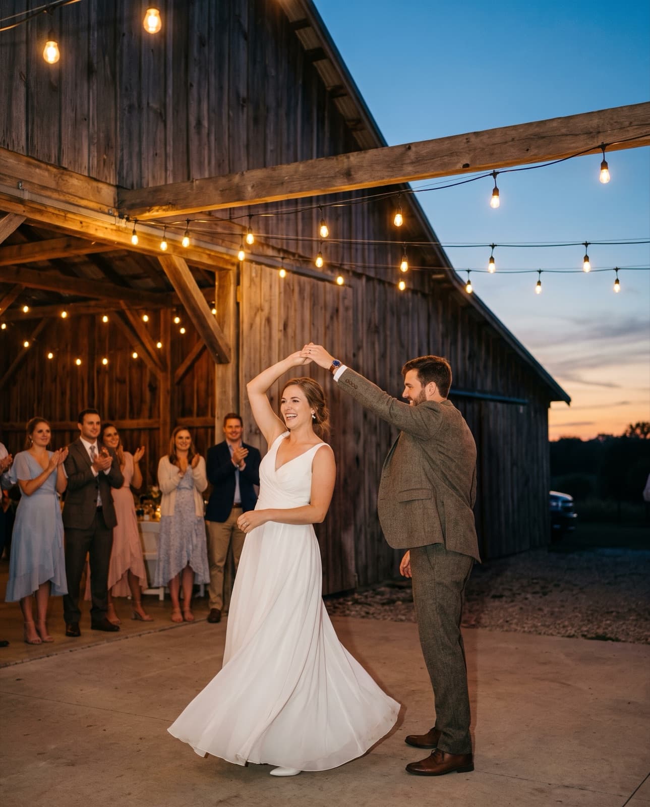 A joyful couple dancing at their outdoor Kentucky barn wedding under warm string lights at dusk