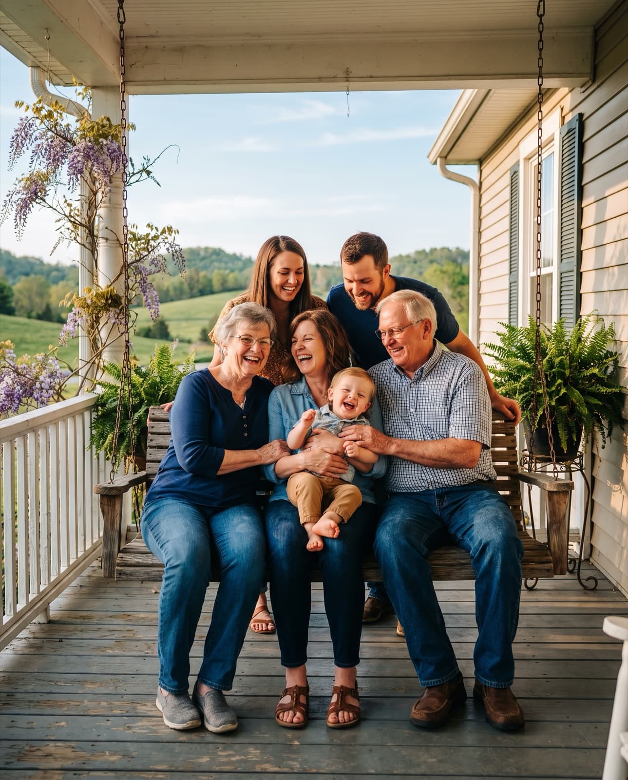 A warm multigenerational family gathered on a porch swing of a Kentucky home in soft morning light