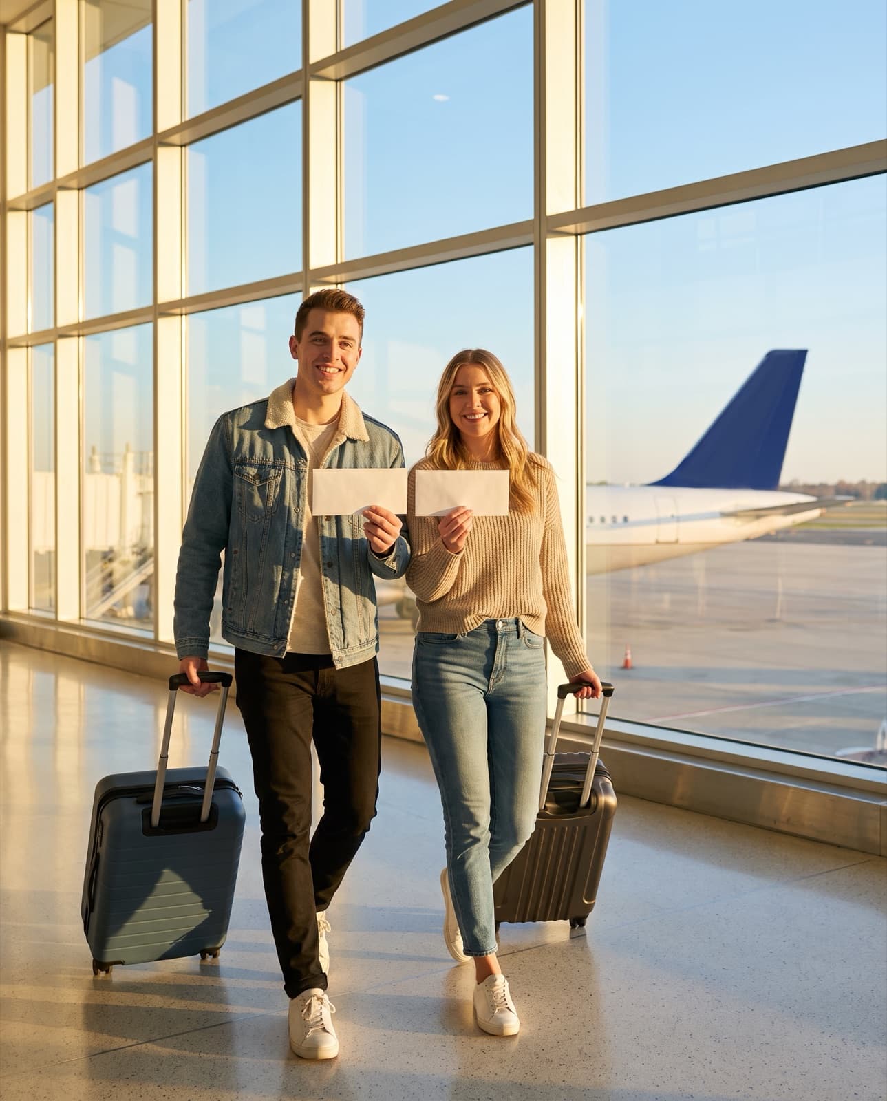 An excited young couple with rolling suitcases walking through bright airport morning light