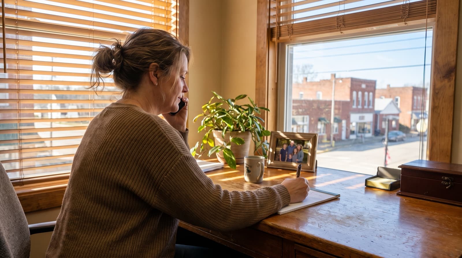 An agent at a warm wooden desk taking notes while on the phone, small-town main street outside the window
